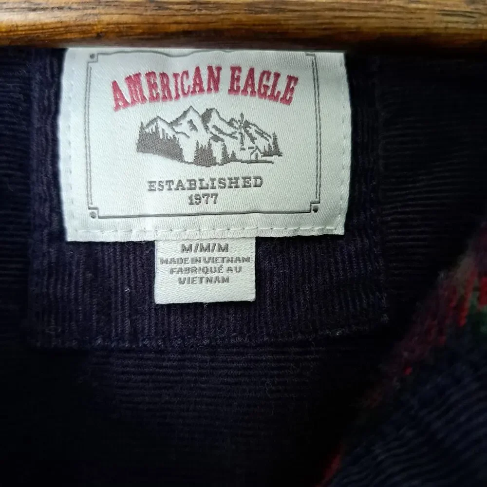 American Eagle Oversized Plaid Flannel Red/Navy Button Cabin Hoodie Women's Med - Picture 3 of 5